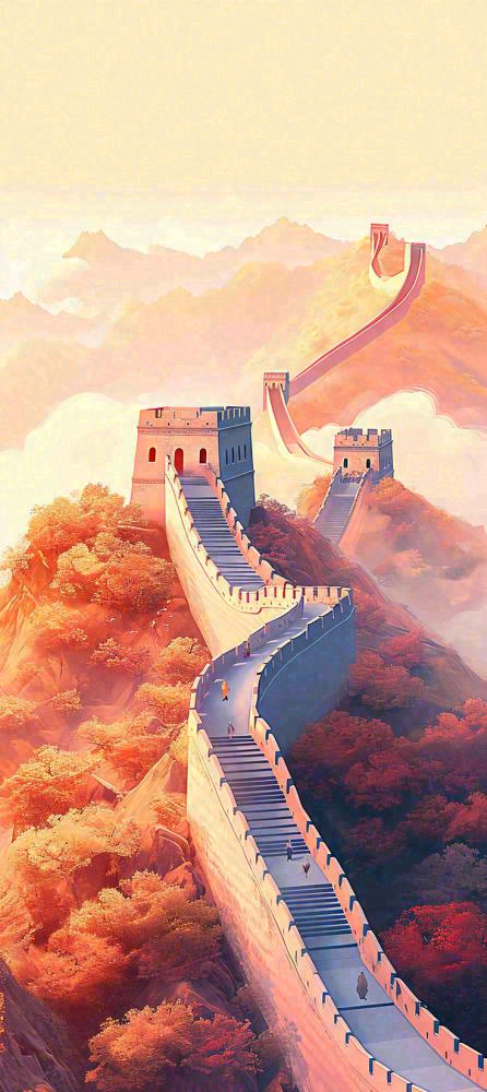万里长城古风中国风古代建筑落日晚霞插画