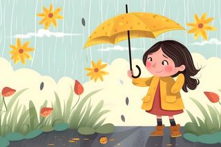 春天下雨天小女孩拿着雨伞在森林里漫步绿色黄色手绘插画海报素材背景