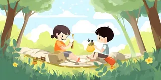 儿童孩子们游玩野餐公园插画背景