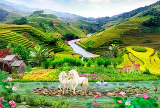 梯田高山水流双马荷花背景墙
