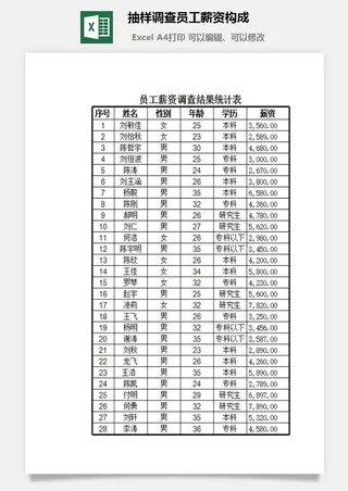 抽样调查员工薪资构成excel模板