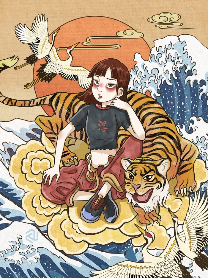 虎年中国风萌虎插画psd模版下载