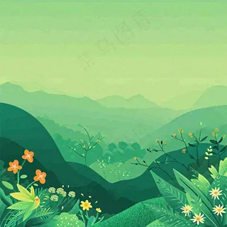 春天绿色扁平山脉绿植花草手绘，立夏春分