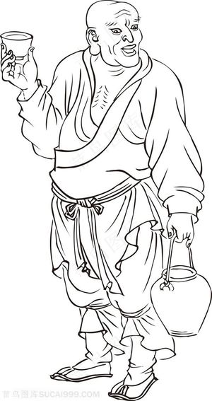 举杯喝酒的和尚手绘线描108罗汉矢量绘画图片