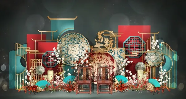 撞色中式传统婚礼迎宾区效果图 撞色中式传统婚礼迎宾区效果图