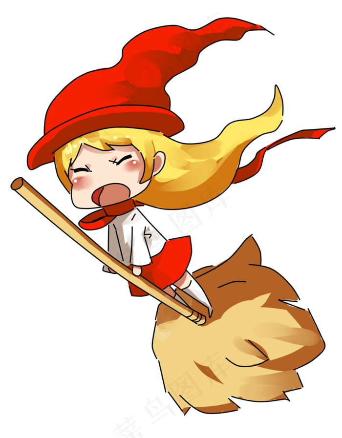 卡通万圣节手绘人物骑扫把可爱小女孩