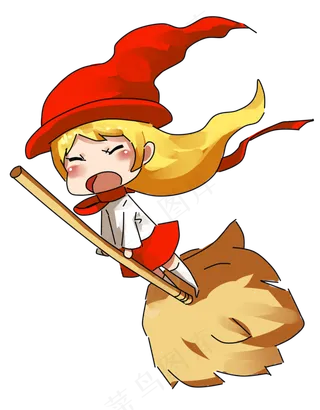 卡通万圣节手绘人物骑扫把可爱小女孩