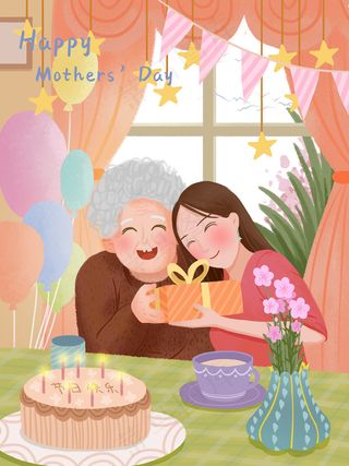 卡通手绘母亲节插画漫画素材