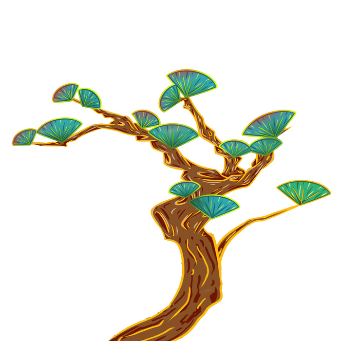 国潮风松树松枝松柏树木手绘植物装饰图案元素PSD设计素材