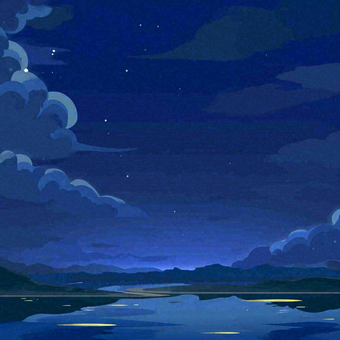 夜晚河面星空月亮唯美夜景扁平插画手绘(1024x1024)