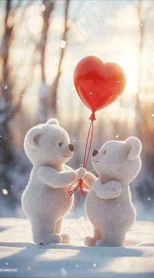 冬天爱心气球小熊浪漫情人节情人温馨，冬至小雪大雪摄影图