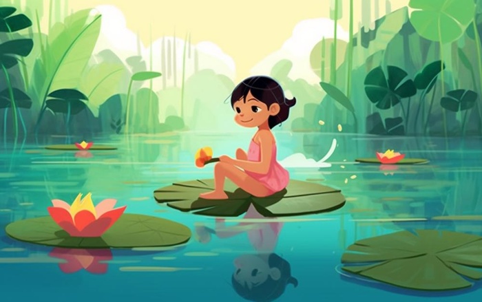 湖泊坐着睡莲上的人碧蓝插画背景(1376x864)