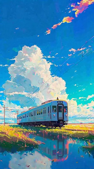 蓝天白云下草地河流高铁火车铁路手绘插画