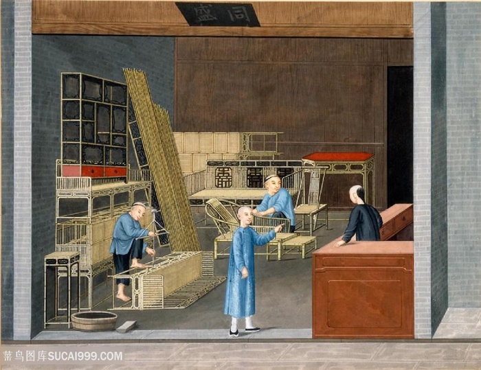 古代竹编集市贸易场景绘画图片