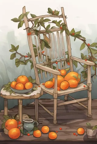 古风橘子树藤椅插画背景