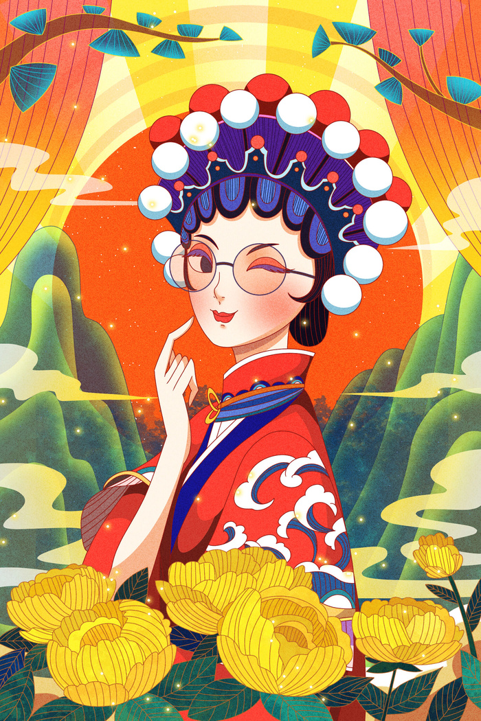 手绘中国风国潮京剧戏曲人物插画古风国粹花旦ai矢量ps设计素材图