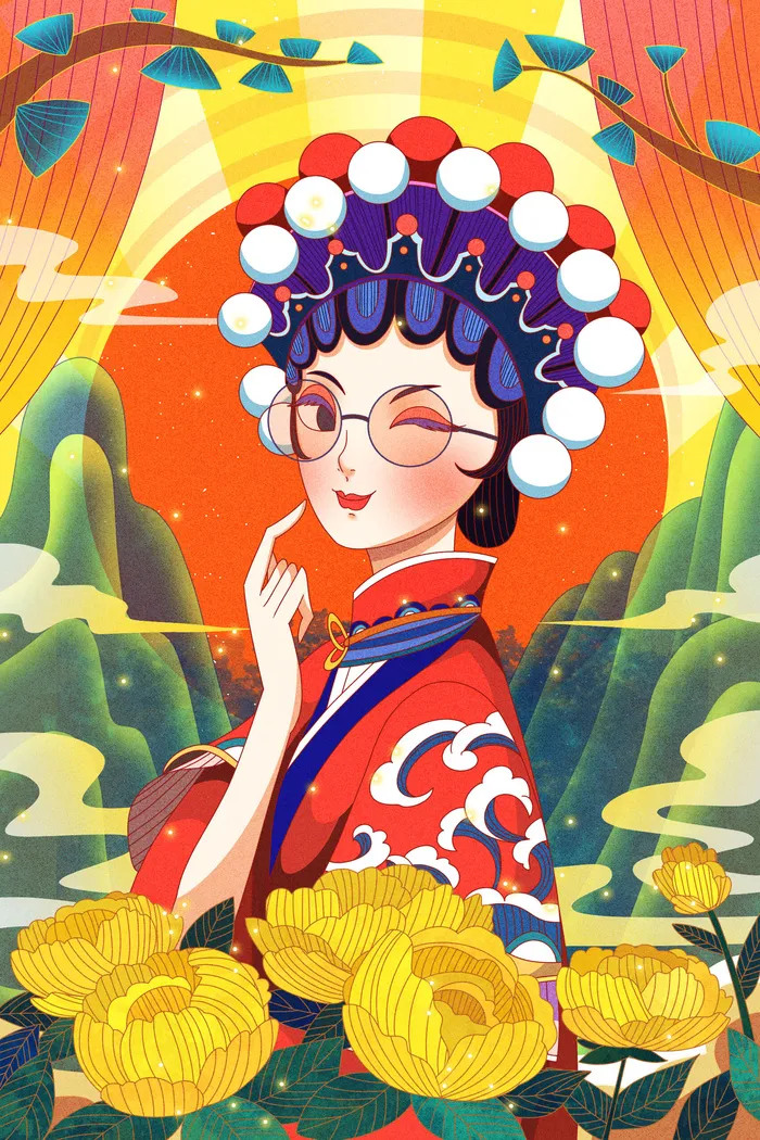 手绘中国风国潮京剧戏曲人物插画古风国粹花旦ai矢量ps设计素材图psd模版下载