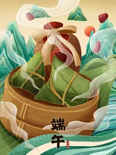 国潮风中国传统节日端午节赛龙舟粽子场景插画海报PSD设计素材