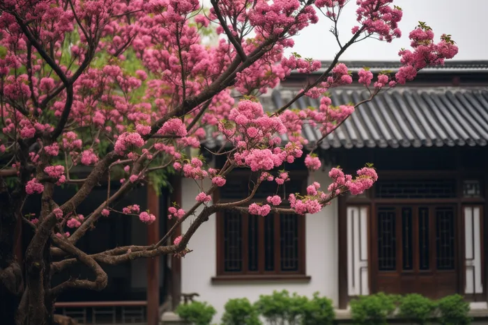 庭院门口的树开的红花摄影图