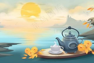 秋季山水赏菊泡茶重阳节插画素材