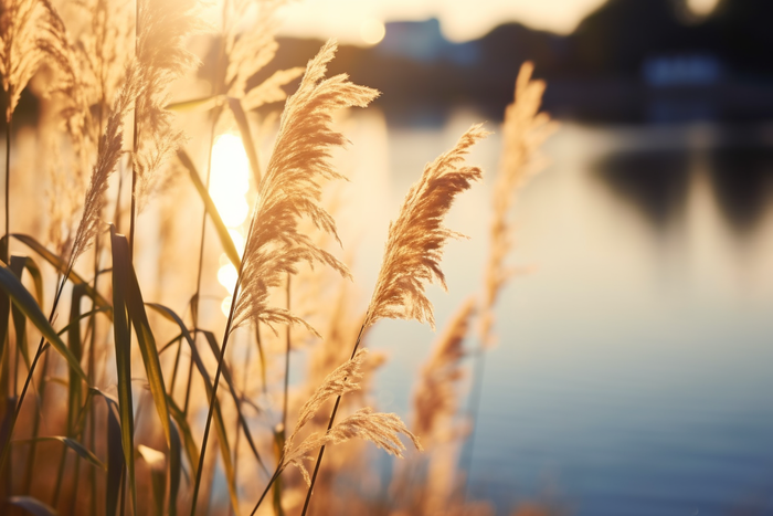 a close up of a plant near a body of water, a picture by Niko Henrichon, pexels, romanticism, soft golden light, bokeh on side of the river, reed on riverbank (4032x2688)