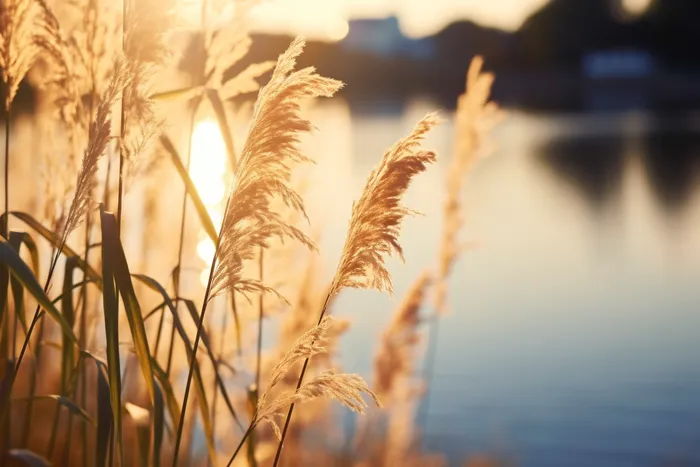 a close up of a plant near a body of water, a picture by Niko Henrichon, pexels, romanticism, soft golden light, bokeh on side of the river, reed on riverbank (4032x2688)