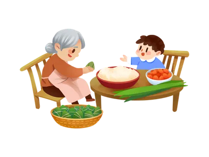 彩色手绘卡通奶奶孙子包粽子端午节元素PNG素材