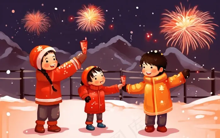 新年除夕夜烟花爆竹儿童玩乐喜庆卡通插画背景(1376x864)