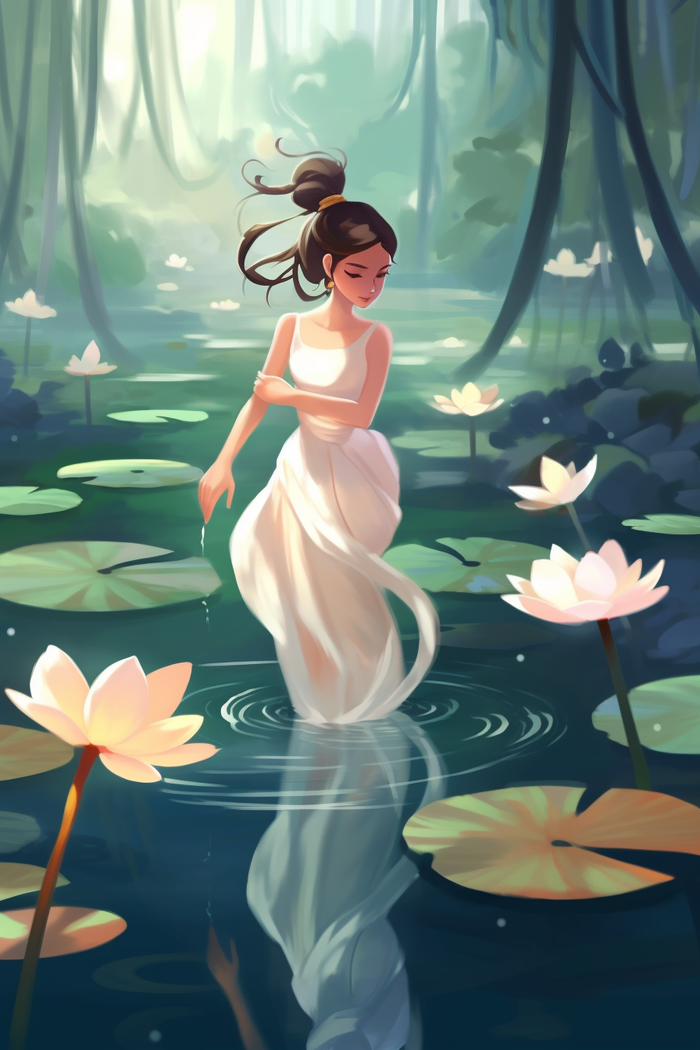 白裙子少女在睡莲池塘中嬉水唯美卡通插画(x)