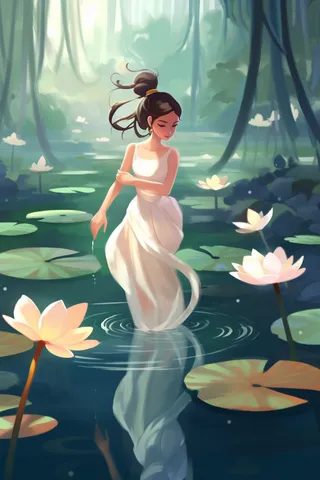 白裙子少女在睡莲池塘中嬉水唯美卡通插画
