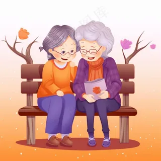 老人孩子陪伴温馨秋重阳节插画素材