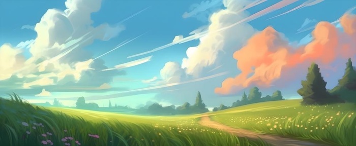 春天蓝天白云草原绿色树草地手绘插画海报素材背景(6848x2816)