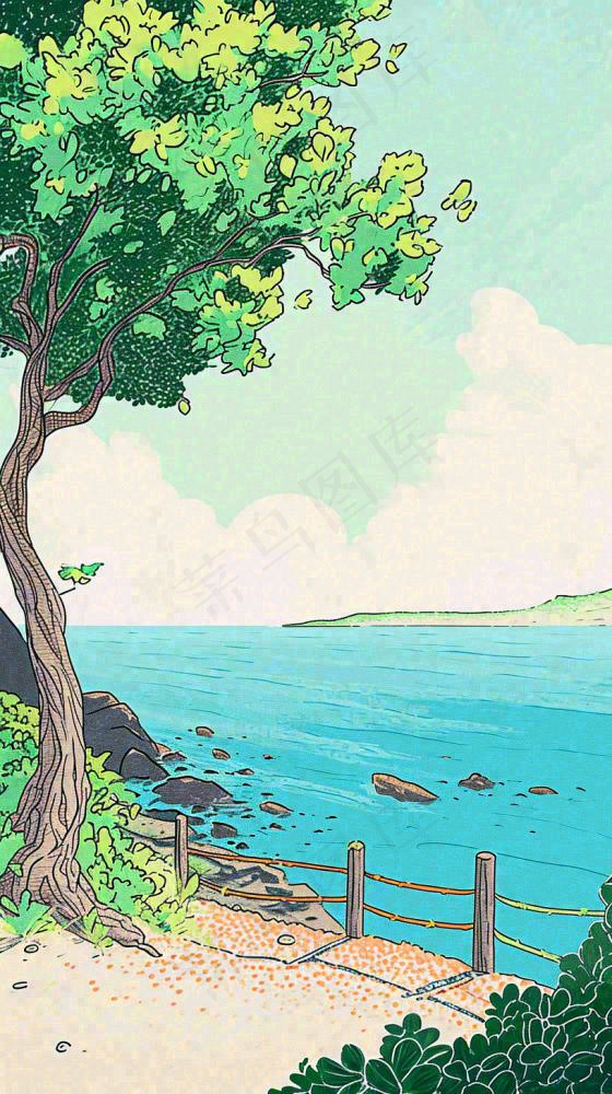 海边沙滩玩耍旅行夏日假期游玩手绘插画，可爱清新，夏至小暑大暑(816x1456)