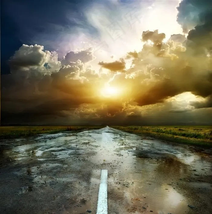 蓝天白云晚霞道路摄影图片素材