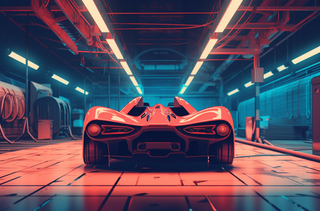 一辆跑车汽车停在装配车间红色朋克风格