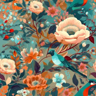 花鸟图，插画风格，无缝贴图，素材