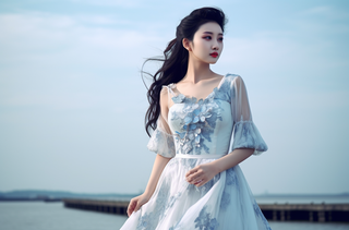 一个美女穿着一件漂亮的白色连衣裙在海边的拍照摄影图