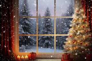 圣诞装饰喜庆礼物红色窗外下雪摄影图