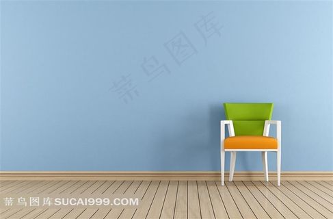 靠蓝色墙壁而放的椅子家居摄影高清图片