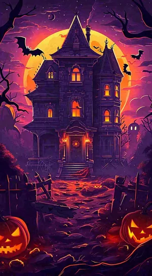 万圣节恐怖城堡南瓜夜晚暗紫色卡通节日