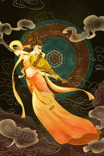 复古中国风国潮神话人物敦煌插画仙女手绘海报背景PSD设计素材