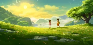 阳光下大树下的孩子草原背景