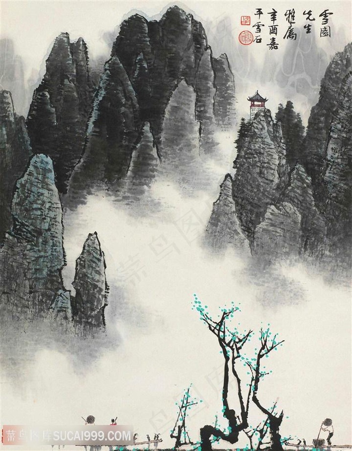 白雪石水墨山脉高清艺术挂画