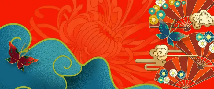 手绘菊花国潮风展板背景(1920x800)psd模版下载