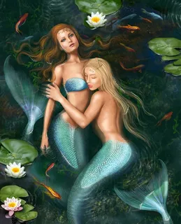 荷塘里依偎在一起的美人鱼高清图片素材