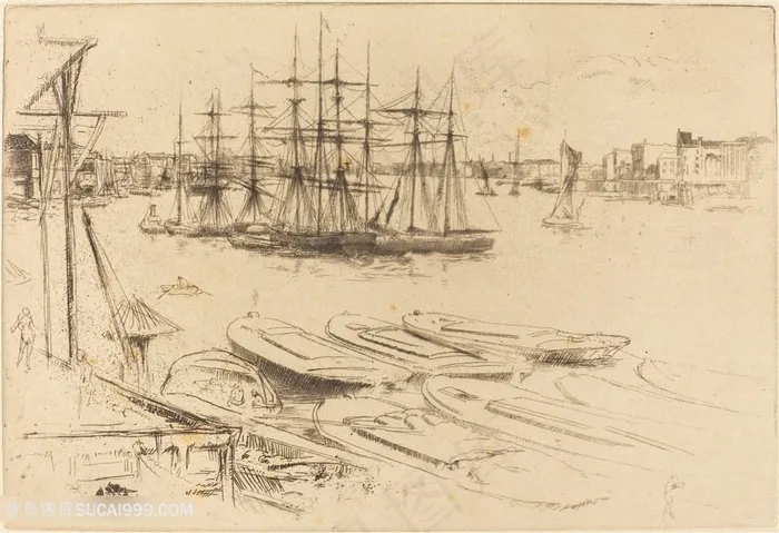 惠斯勒素描湖畔船素描装饰画