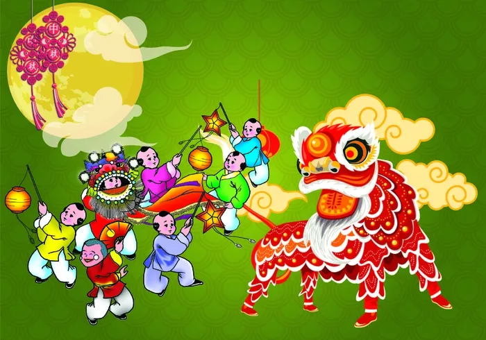 中秋节快舞狮绿色背景ai矢量模版下载