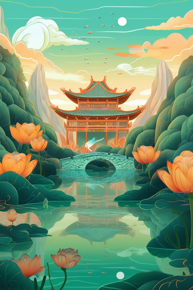 国潮国风夏季山水建筑背景(896x1344)