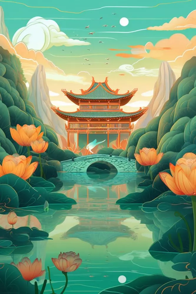 国潮国风夏季山水建筑背景(896x1344)