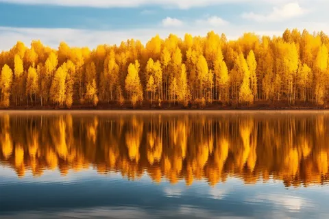 秋天的森林倒映在湖面摄影图